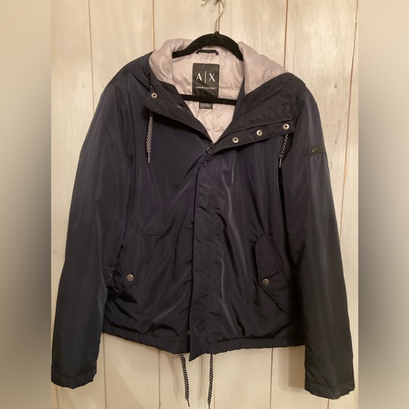 Armani Exchange Men's Night Navy Blue Hooded Full Zip Snap Tie Jacket Coat Sz-Lg - Picture 1 of 9
